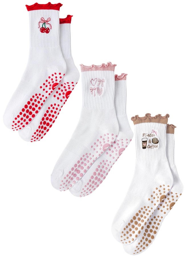Yawlsow Cute Pilates Grip Socks for Women Ruffle Frilly Yoga Socks Non Slip Cotton Crew Grippy Sock for Barre Workout (US, Alpha, One Size, Regular, Regular, 3 Pack-Red & Pink & Brown) - Image 1